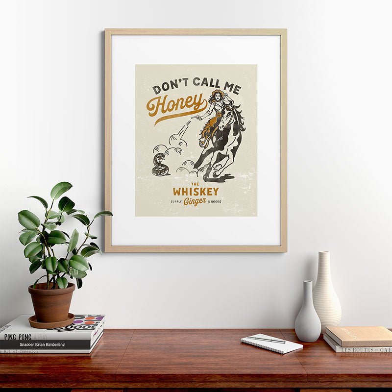 "Don't Call Me Honey" Retro Pinup Cowgirl On Horseback Shooting A Snake V.2 Framed Art Print