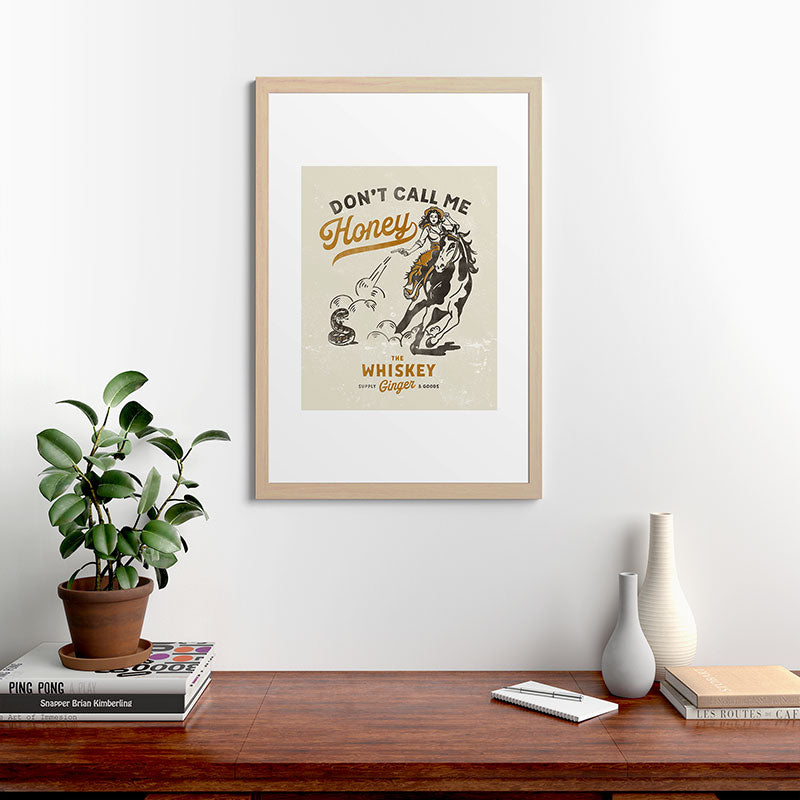 "Don't Call Me Honey" Retro Pinup Cowgirl On Horseback Shooting A Snake V.2 Framed Art Print