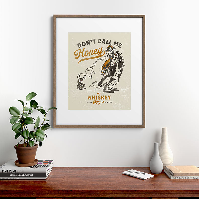 "Don't Call Me Honey" Retro Pinup Cowgirl On Horseback Shooting A Snake V.2 Framed Art Print