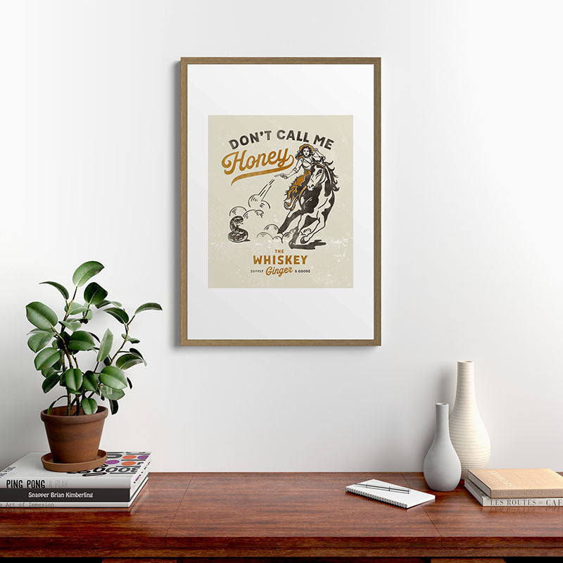 "Don't Call Me Honey" Retro Pinup Cowgirl On Horseback Shooting A Snake V.2 Framed Art Print