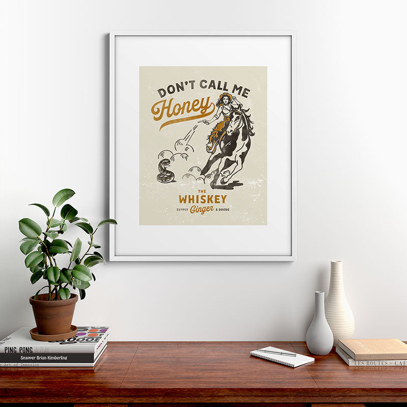 "Don't Call Me Honey" Retro Pinup Cowgirl On Horseback Shooting A Snake V.2 Framed Art Print