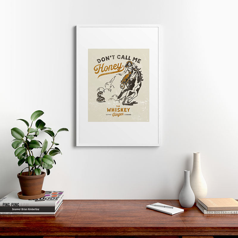 "Don't Call Me Honey" Retro Pinup Cowgirl On Horseback Shooting A Snake V.2 Framed Art Print