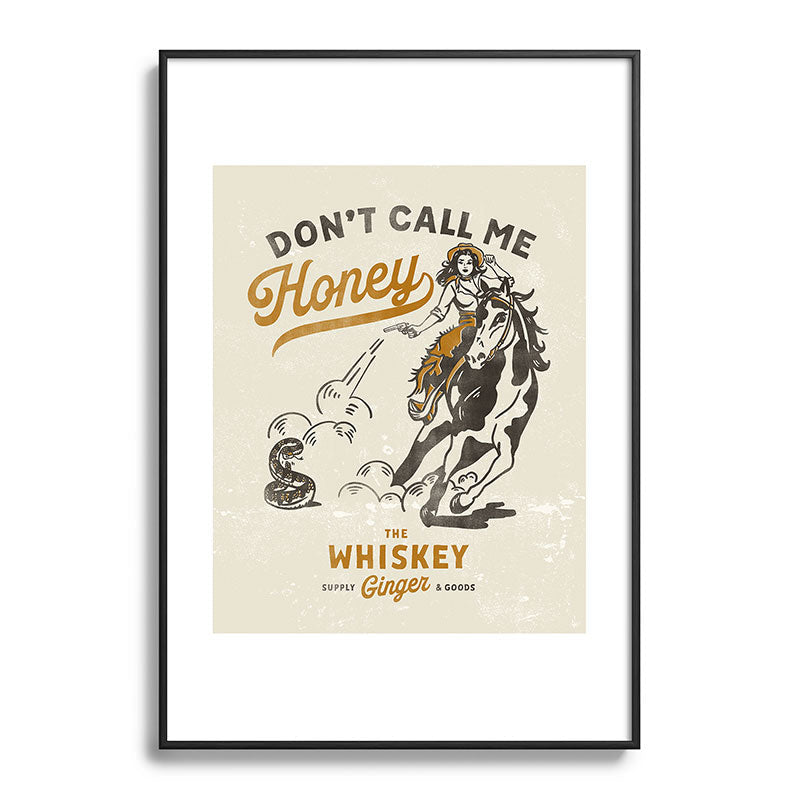"Don't Call Me Honey" Retro Pinup Cowgirl On Horseback Shooting A Snake V.2 Framed Art Print