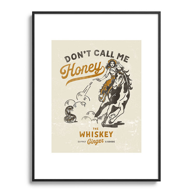 "Don't Call Me Honey" Retro Pinup Cowgirl On Horseback Shooting A Snake V.2 Framed Art Print