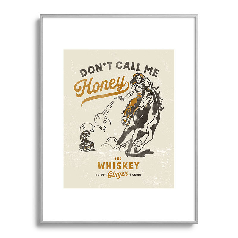 "Don't Call Me Honey" Retro Pinup Cowgirl On Horseback Shooting A Snake V.2 Framed Art Print