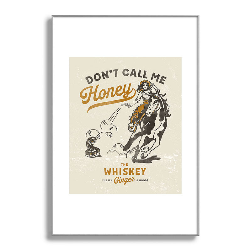 "Don't Call Me Honey" Retro Pinup Cowgirl On Horseback Shooting A Snake V.2 Framed Art Print