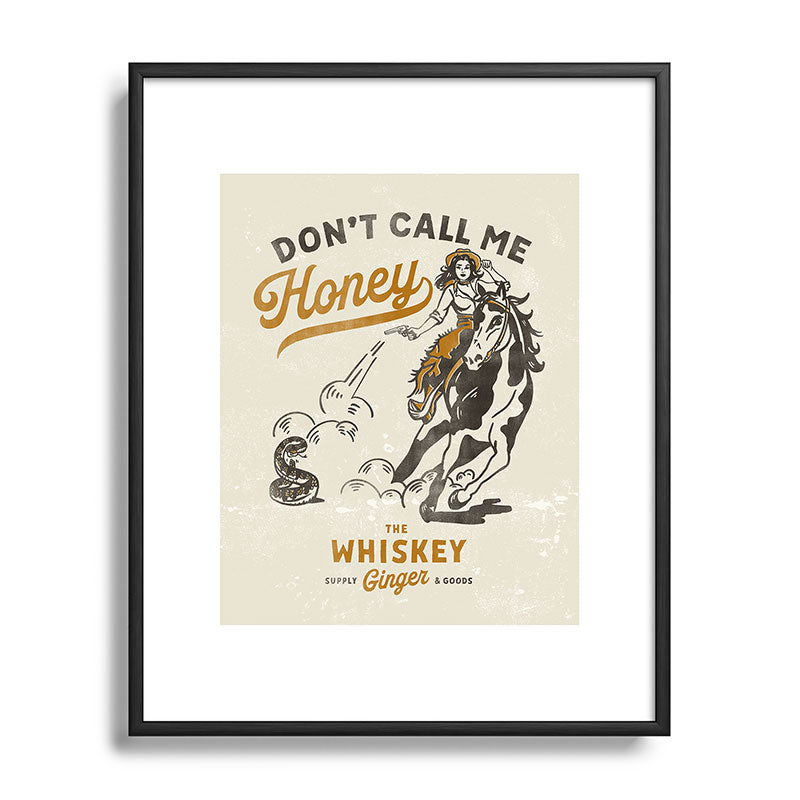 "Don't Call Me Honey" Retro Pinup Cowgirl On Horseback Shooting A Snake V.2 Framed Art Print