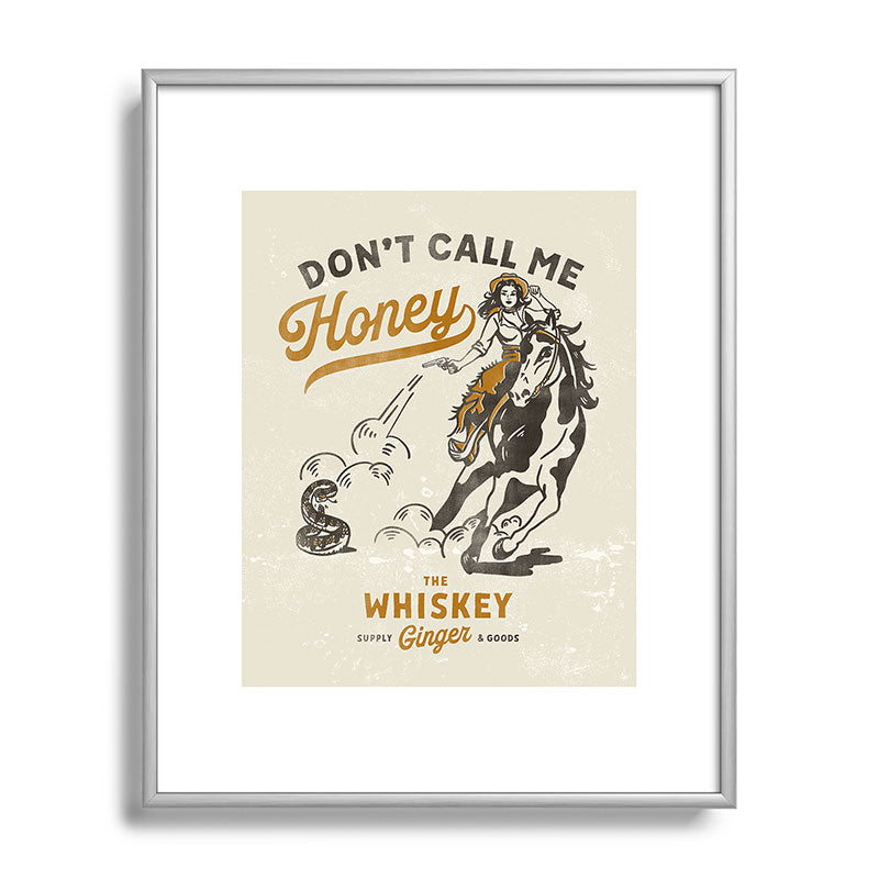 "Don't Call Me Honey" Retro Pinup Cowgirl On Horseback Shooting A Snake V.2 Framed Art Print