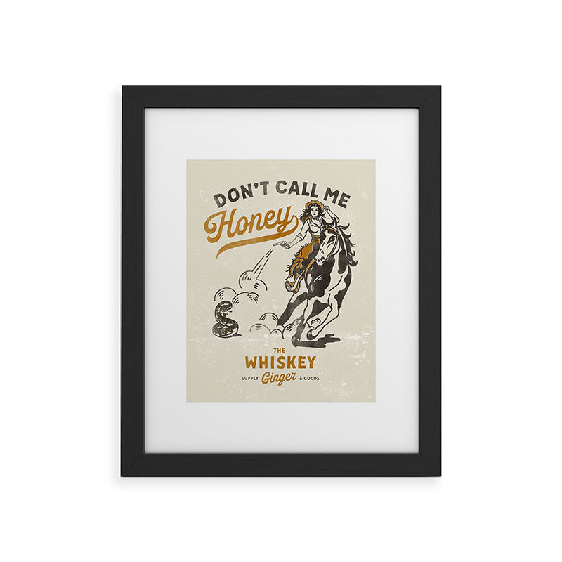 "Don't Call Me Honey" Retro Pinup Cowgirl On Horseback Shooting A Snake V.2 Framed Art Print