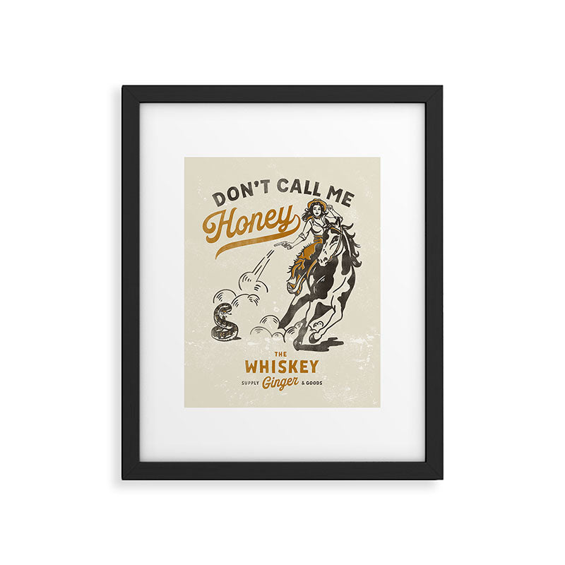 "Don't Call Me Honey" Retro Pinup Cowgirl On Horseback Shooting A Snake V.2 Framed Art Print