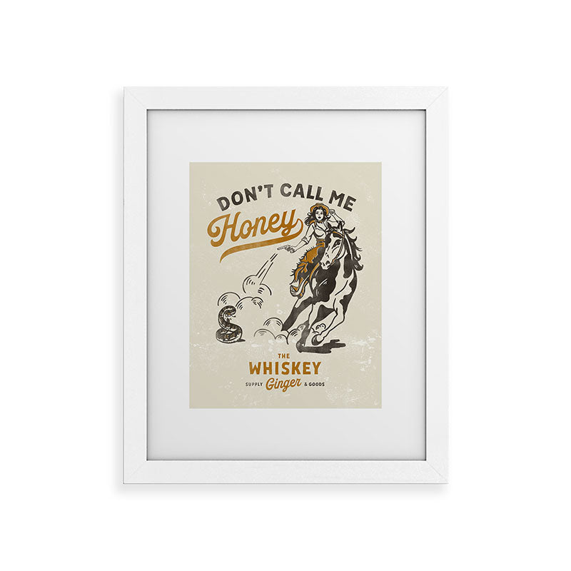 "Don't Call Me Honey" Retro Pinup Cowgirl On Horseback Shooting A Snake V.2 Framed Art Print
