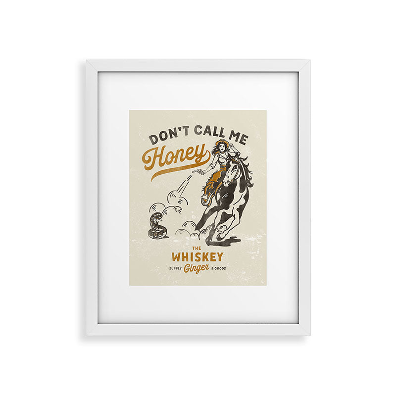 "Don't Call Me Honey" Retro Pinup Cowgirl On Horseback Shooting A Snake V.2 Framed Art Print