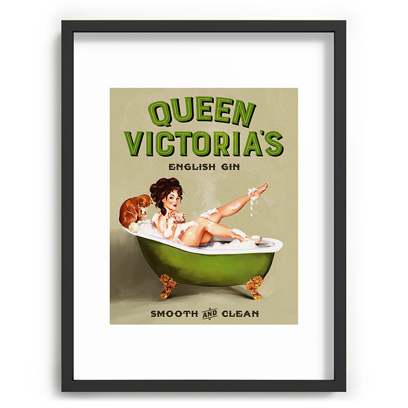 "Queen Victoria's English Gin" Cool Vintage Pinup Girl Alcohol Ad Wall Art Framed Art Print