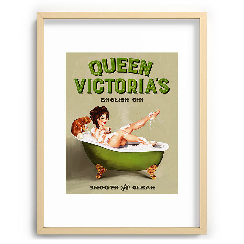 "Queen Victoria's English Gin" Cool Vintage Pinup Girl Alcohol Ad Wall Art Framed Art Print