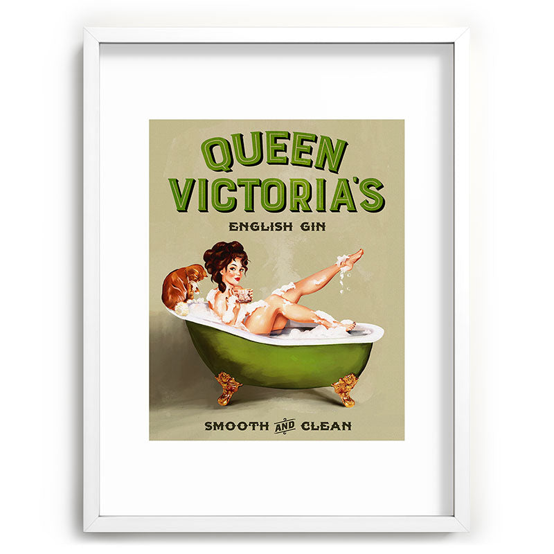 "Queen Victoria's English Gin" Cool Vintage Pinup Girl Alcohol Ad Wall Art Framed Art Print