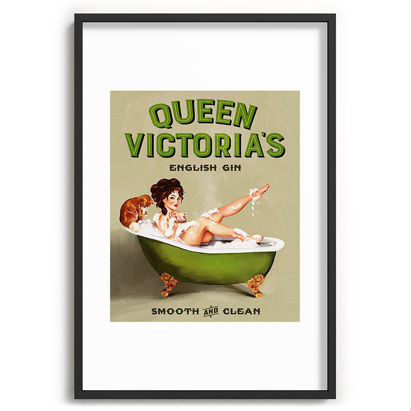 "Queen Victoria's English Gin" Cool Vintage Pinup Girl Alcohol Ad Wall Art Framed Art Print