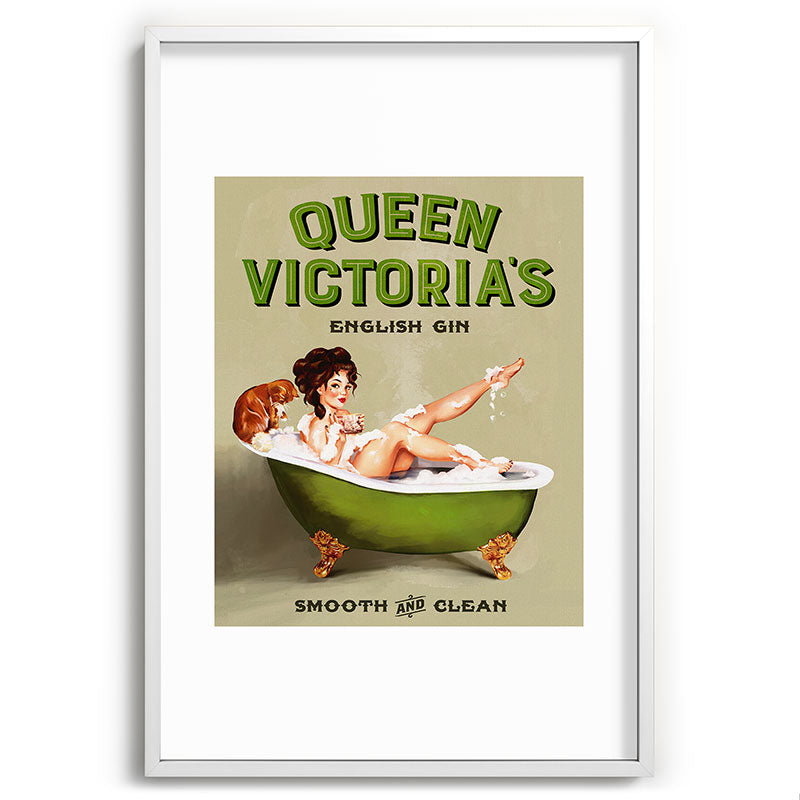 "Queen Victoria's English Gin" Cool Vintage Pinup Girl Alcohol Ad Wall Art Framed Art Print