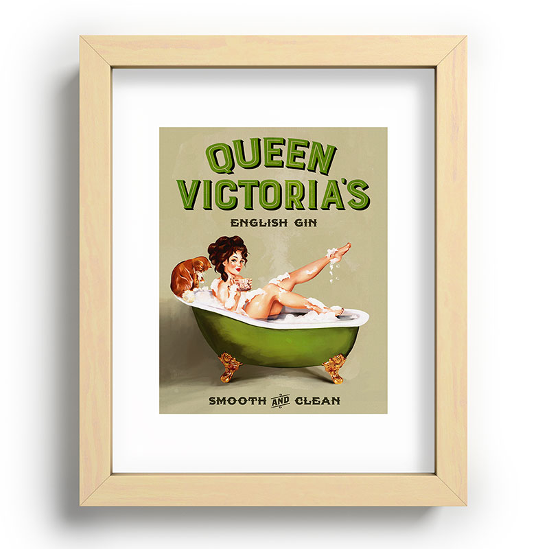 "Queen Victoria's English Gin" Cool Vintage Pinup Girl Alcohol Ad Wall Art Framed Art Print