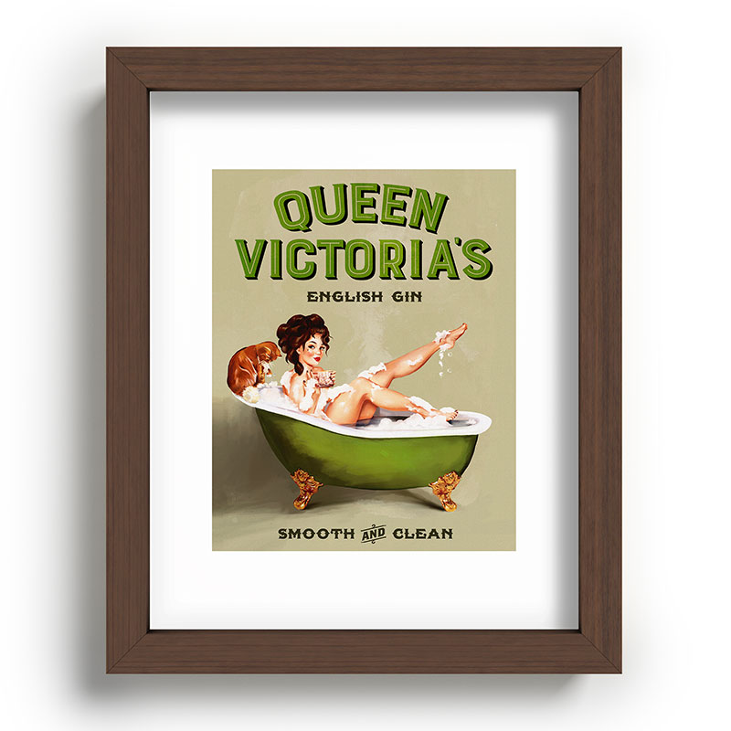 "Queen Victoria's English Gin" Cool Vintage Pinup Girl Alcohol Ad Wall Art Framed Art Print