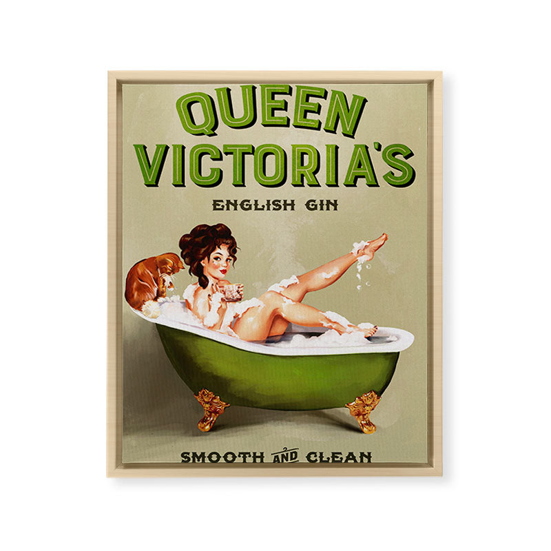 "Queen Victoria's English Gin" Cool Vintage Pinup Girl Alcohol Ad Wall Art Framed Canvas Print