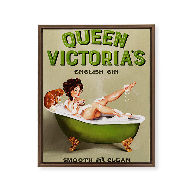 "Queen Victoria's English Gin" Cool Vintage Pinup Girl Alcohol Ad Wall Art Framed Canvas Print