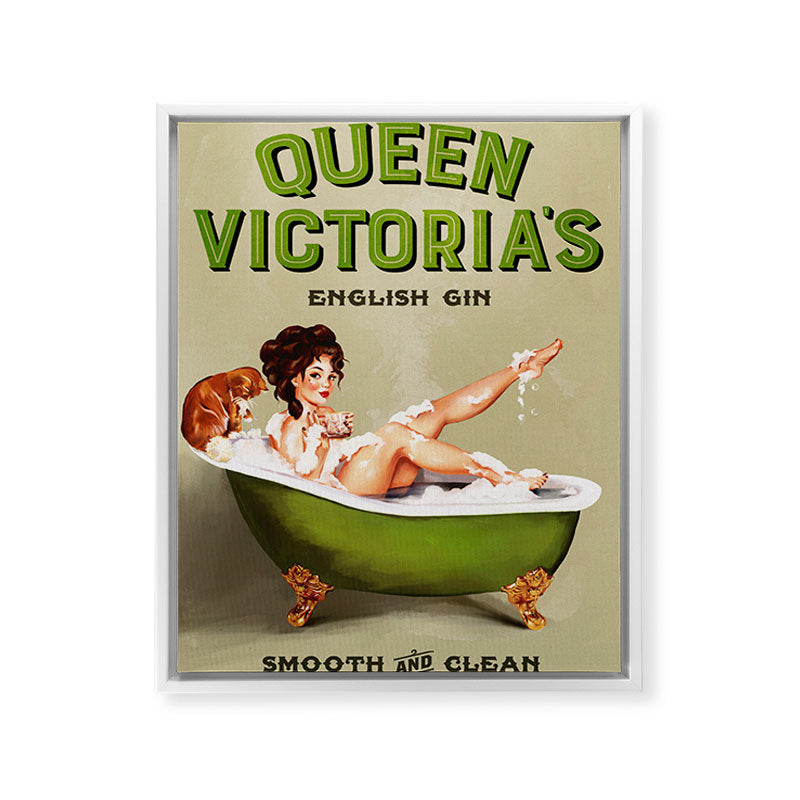 "Queen Victoria's English Gin" Cool Vintage Pinup Girl Alcohol Ad Wall Art Framed Canvas Print