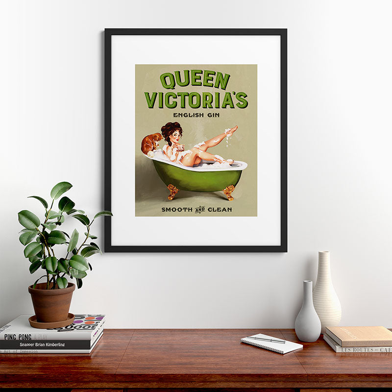 "Queen Victoria's English Gin" Cool Vintage Pinup Girl Alcohol Ad Wall Art Framed Art Print