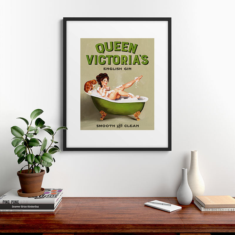 "Queen Victoria's English Gin" Cool Vintage Pinup Girl Alcohol Ad Wall Art Framed Art Print