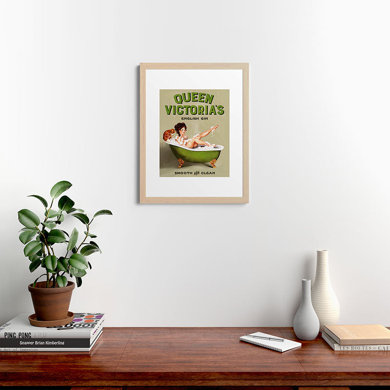 "Queen Victoria's English Gin" Cool Vintage Pinup Girl Alcohol Ad Wall Art Framed Art Print