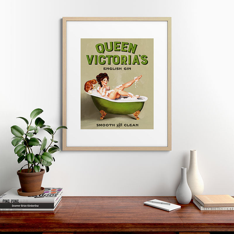"Queen Victoria's English Gin" Cool Vintage Pinup Girl Alcohol Ad Wall Art Framed Art Print