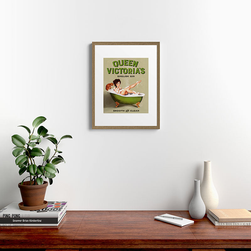 "Queen Victoria's English Gin" Cool Vintage Pinup Girl Alcohol Ad Wall Art Framed Art Print
