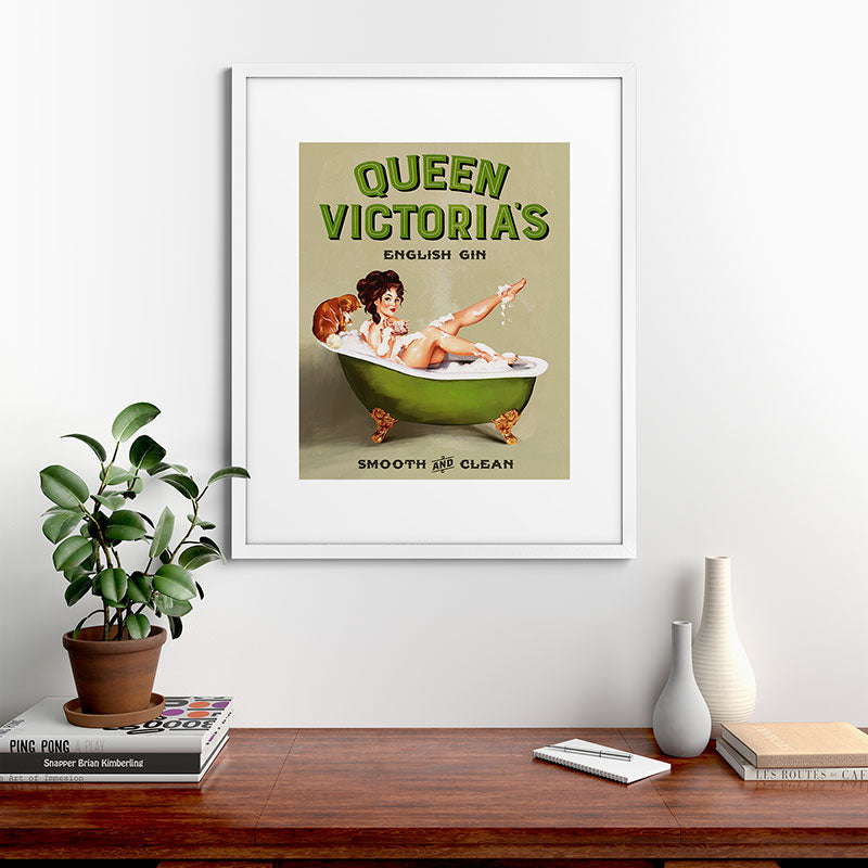 "Queen Victoria's English Gin" Cool Vintage Pinup Girl Alcohol Ad Wall Art Framed Art Print