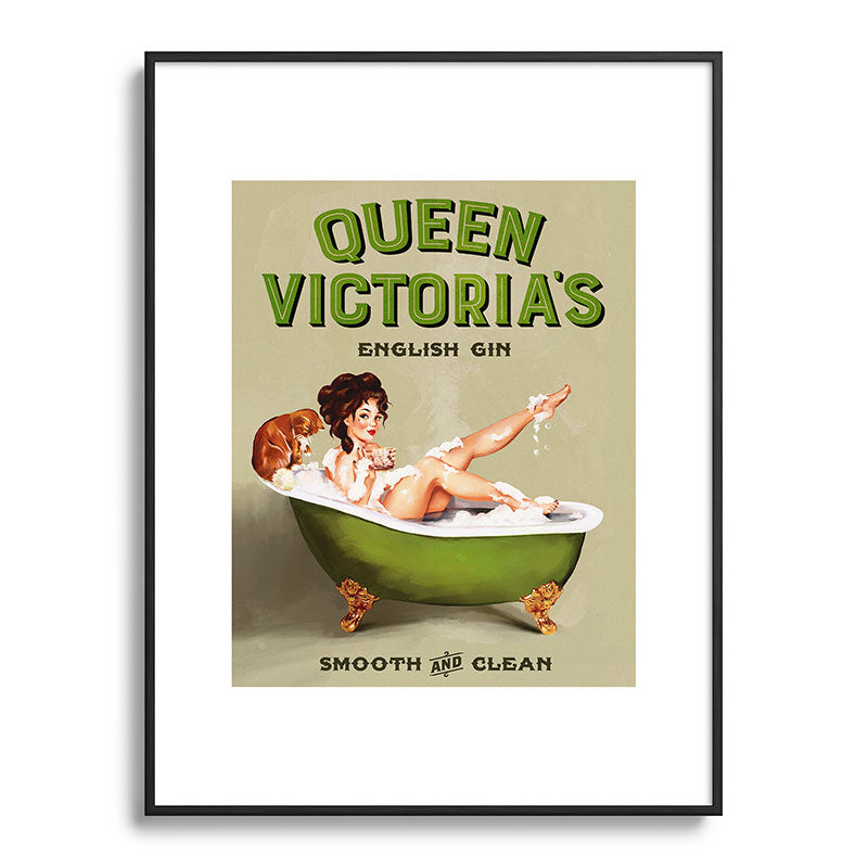 "Queen Victoria's English Gin" Cool Vintage Pinup Girl Alcohol Ad Wall Art Framed Art Print