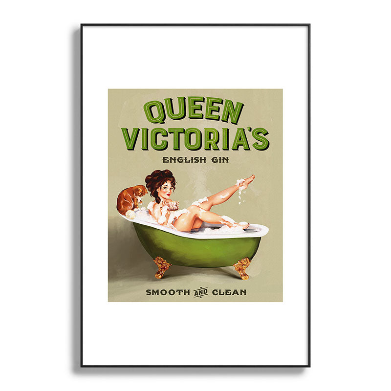 "Queen Victoria's English Gin" Cool Vintage Pinup Girl Alcohol Ad Wall Art Framed Art Print