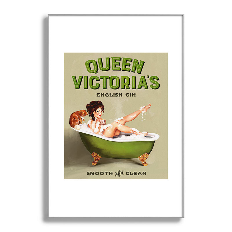"Queen Victoria's English Gin" Cool Vintage Pinup Girl Alcohol Ad Wall Art Framed Art Print