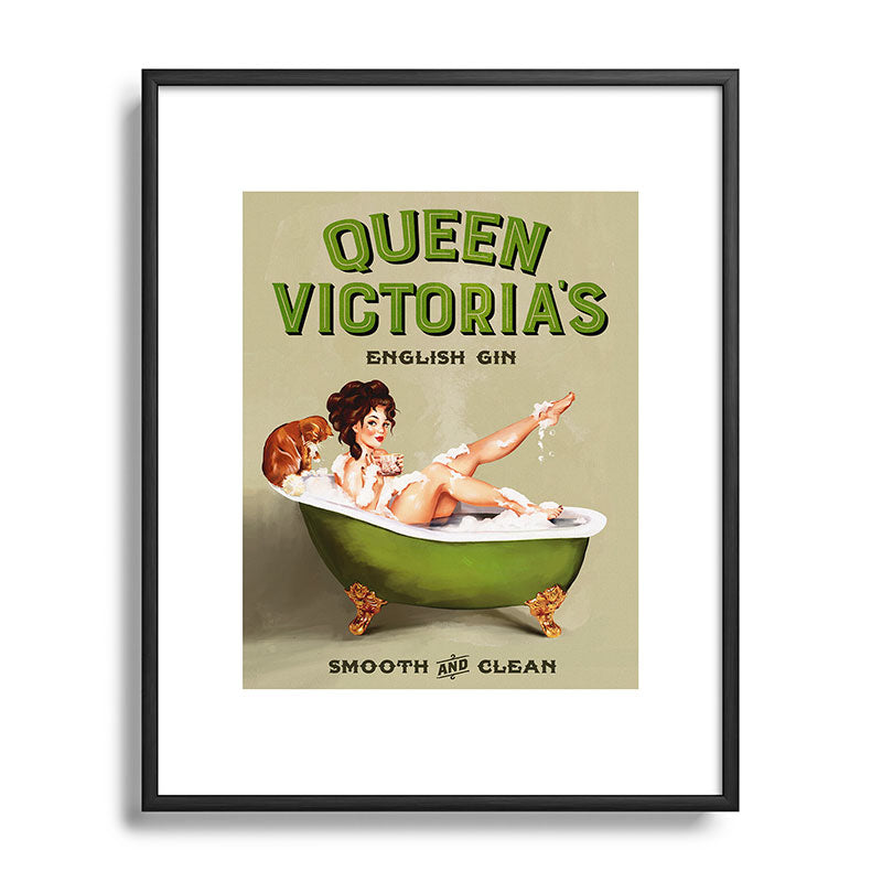"Queen Victoria's English Gin" Cool Vintage Pinup Girl Alcohol Ad Wall Art Framed Art Print