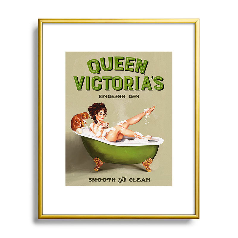 "Queen Victoria's English Gin" Cool Vintage Pinup Girl Alcohol Ad Wall Art Framed Art Print