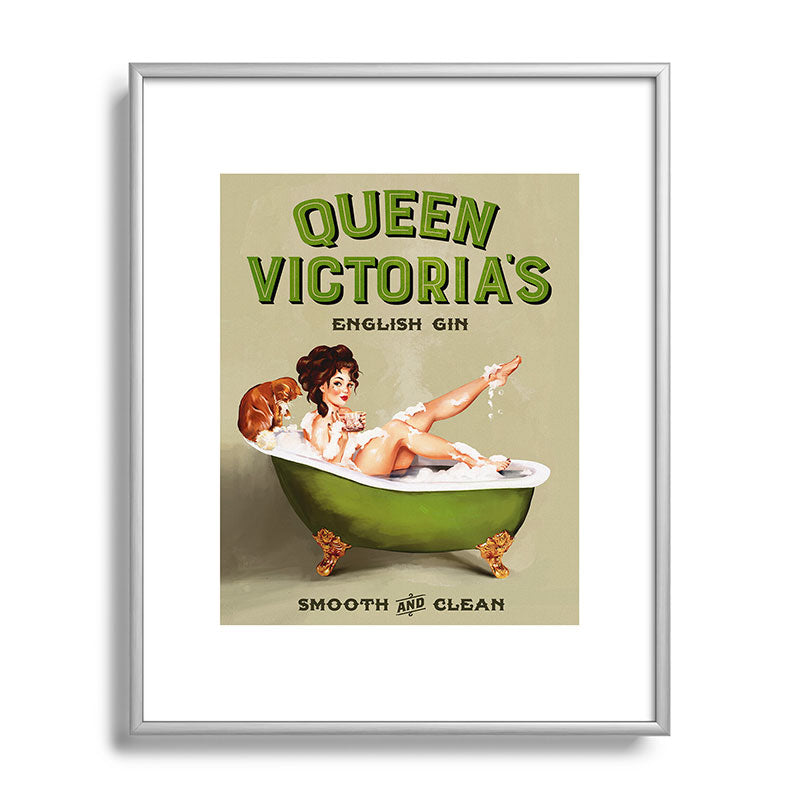 "Queen Victoria's English Gin" Cool Vintage Pinup Girl Alcohol Ad Wall Art Framed Art Print
