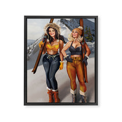 "Ski Bunnies" Cool Retro Winter Pinup Girl Art Framed Canvas Print
