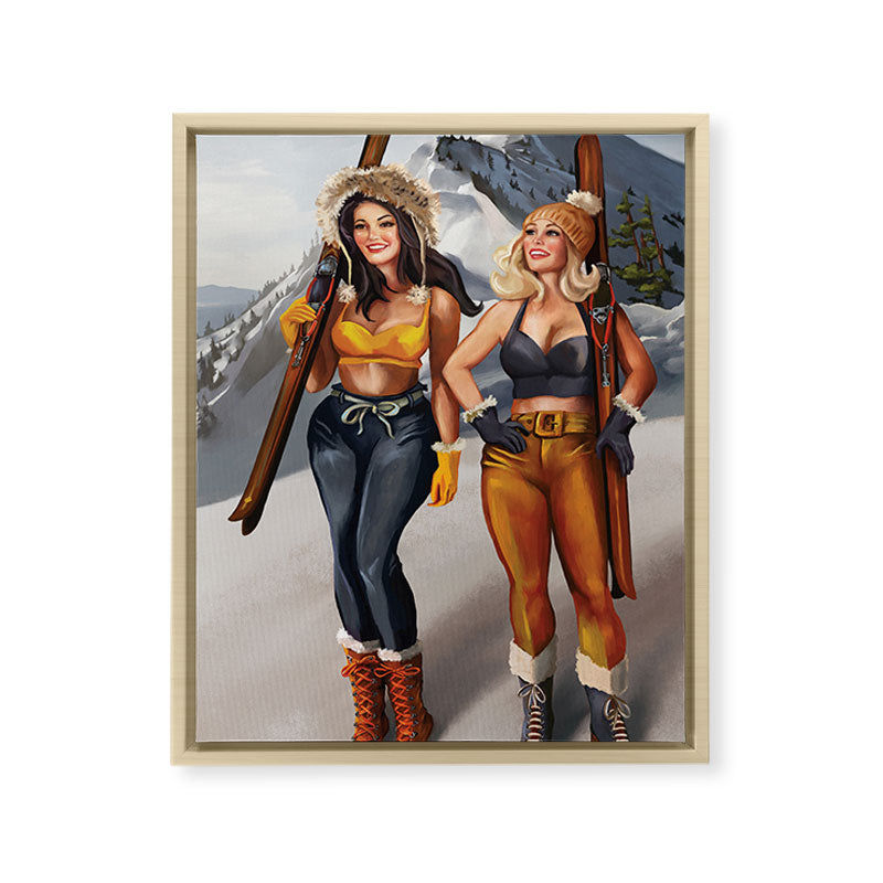 "Ski Bunnies" Cool Retro Winter Pinup Girl Art Framed Canvas Print