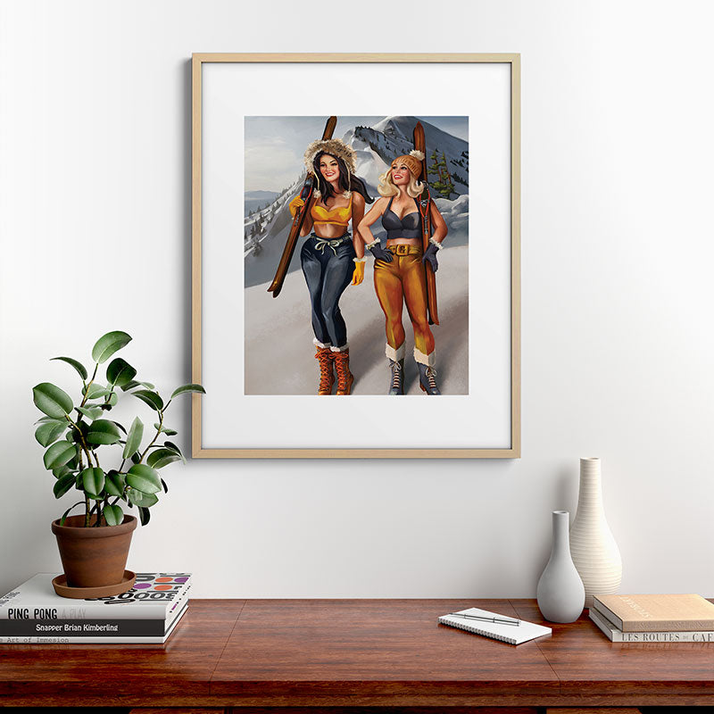 "Ski Bunnies" Cool Retro Winter Pinup Girl Art Framed Art Print