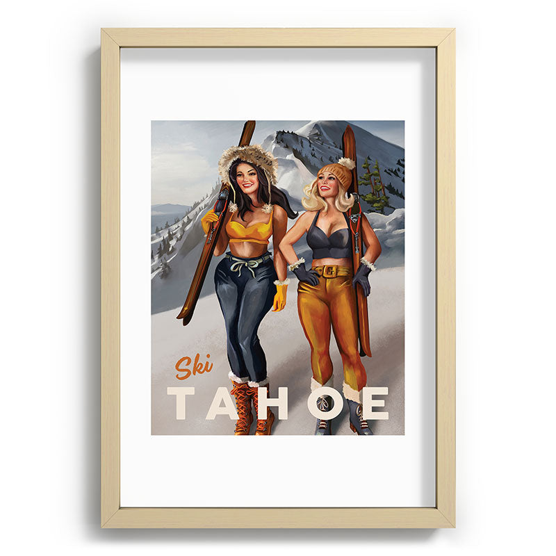 "Ski Tahoe" Cute Pinup Girls Skiing Wall Art Framed Art Print