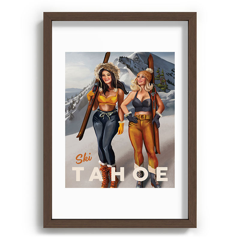 "Ski Tahoe" Cute Pinup Girls Skiing Wall Art Framed Art Print