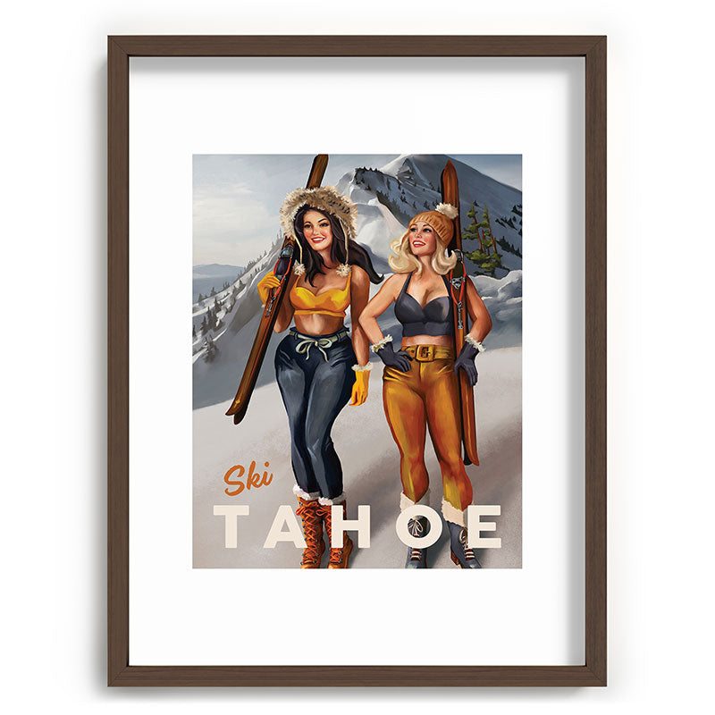 "Ski Tahoe" Cute Pinup Girls Skiing Wall Art Framed Art Print