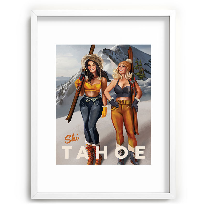 "Ski Tahoe" Cute Pinup Girls Skiing Wall Art Framed Art Print