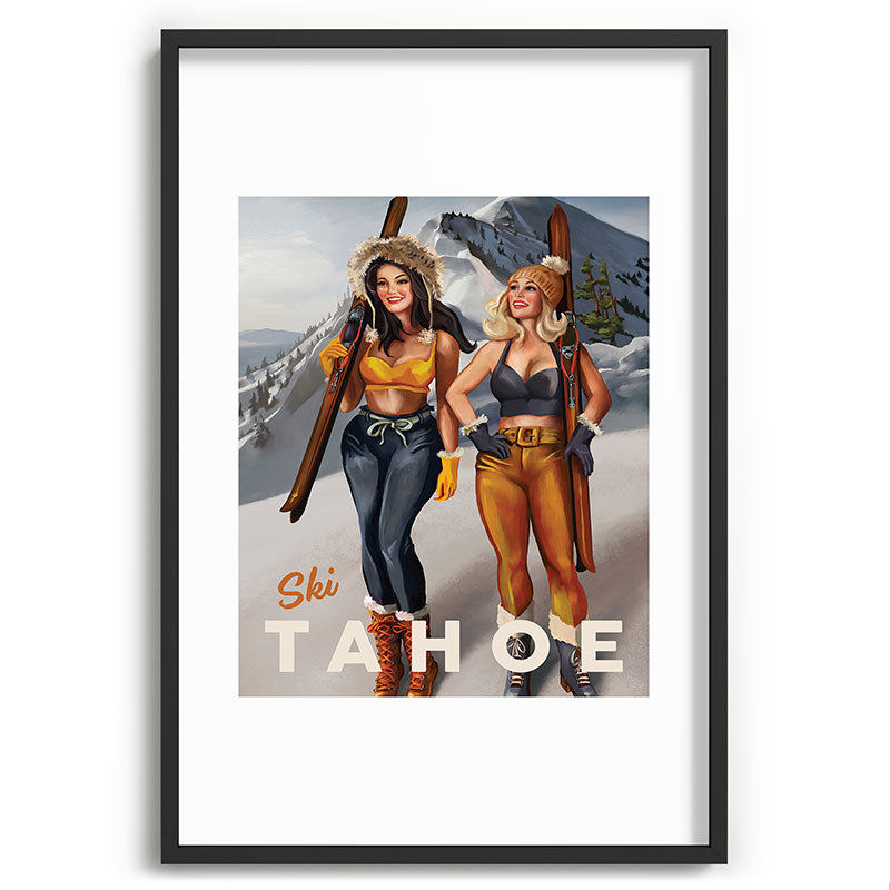 "Ski Tahoe" Cute Pinup Girls Skiing Wall Art Framed Art Print