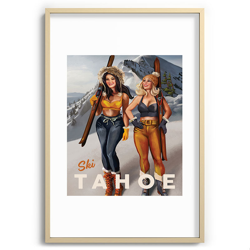 "Ski Tahoe" Cute Pinup Girls Skiing Wall Art Framed Art Print