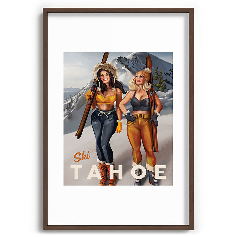"Ski Tahoe" Cute Pinup Girls Skiing Wall Art Framed Art Print