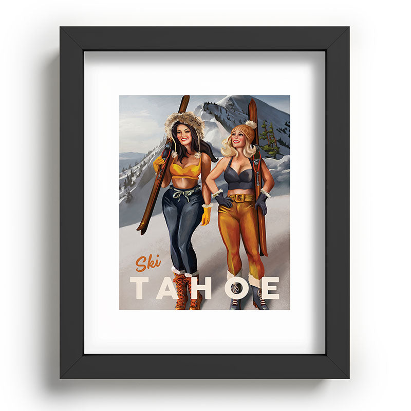 "Ski Tahoe" Cute Pinup Girls Skiing Wall Art Framed Art Print