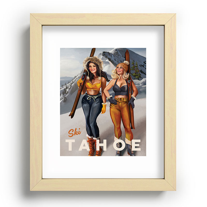 "Ski Tahoe" Cute Pinup Girls Skiing Wall Art Framed Art Print
